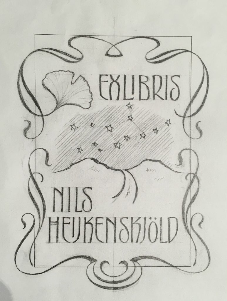 The initial pencil sketch for the ex libris.